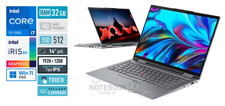 Lenovo ThinkPad X1 Yoga 21HR0001BR Core i7-1370P 13a geracao Iris Xe Graphics G7 96 EUs Windows 11 Pro RAM 32 GB SSD 512 GB Tela LED 14-0 polegadas touch WUXGA IPS Teclado iluminado