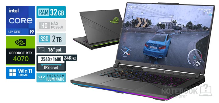 ASUS ROG Strix G16 G614JIR-N4065W Core i9-14900HX 14ª geração GeForce RTX 4070 Windows 11 Home RAM 32 GB SSD 2 TB Tela LED 16 polegadas 2560 x 1600 px IPS-level 240 Hz Teclado iluminado