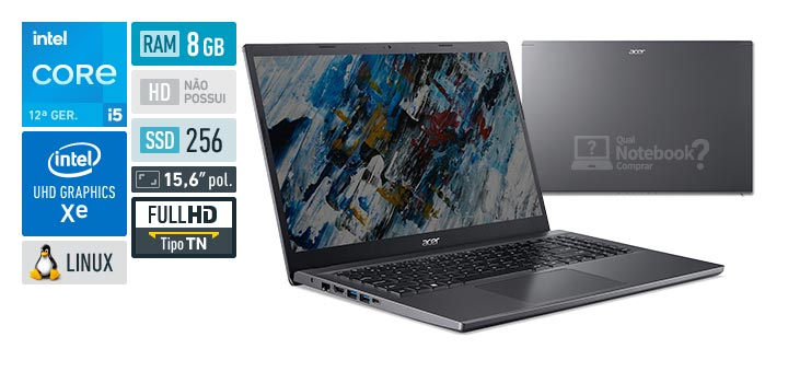 Acer Aspire 5 A515-57-51W5 Core i5-12450H 12a geracao UHD Graphics Xe G4 48 EUs Linux RAM 8 GB SSD 256 GB Tela LED 15-6 polegadas Full HD TN