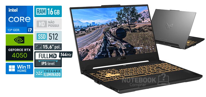 ASUS TUF Gaming F15 FX507VU-LP177W Core i7-13620H 13ª geração GeForce RTX 4050 Windows 11 Home RAM 16 GB SSD 512 GB Tela LED 15,6 polegadas Full HD IPS-level 144 Hz Teclado iluminado