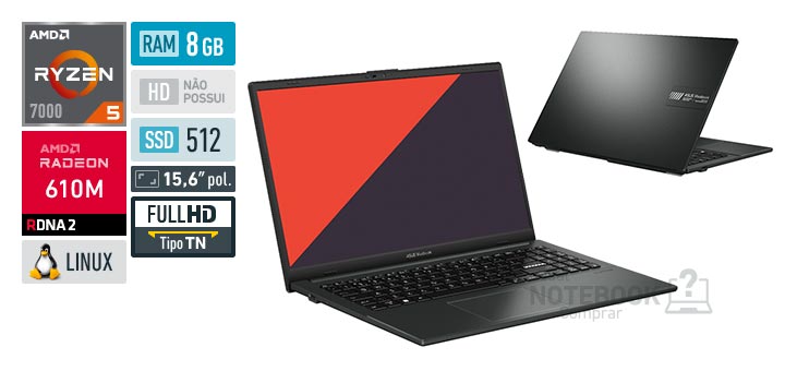 ASUS VivoBook Go 15 E1504FA-NJ732 Ryzen 5 7520U Serie 7000 Radeon 610M Linux RAM 8 GB SSD 512 GB Tela LED 15-6 polegadas Full HD TN