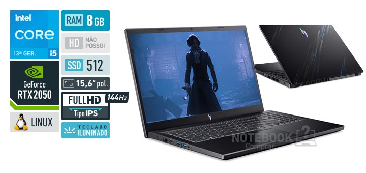 Acer Aspire Nitro V15 ANV15-51-50KD Core i5-13420H 13a geracao GeForce RTX 2050 Linux RAM 8 GB SSD 512 GB Tela LED 15-6 polegadas Full HD IPS 144 Hz Teclado iluminado