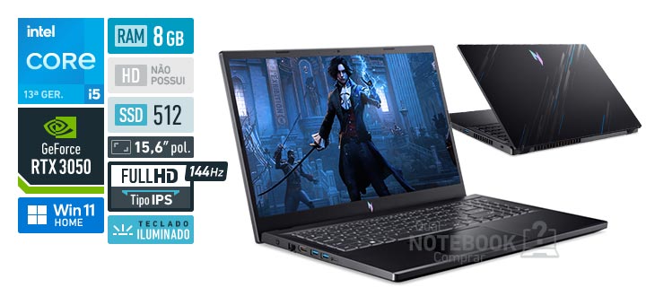 Acer Aspire Nitro V15 ANV15-51-58AZ Core i5-13420H 13a geracao GeForce RTX 3050 Windows 11 Home RAM 8 GB SSD 512 GB Tela LED 15-6 polegadas Full HD IPS 144 Hz Teclado iluminado