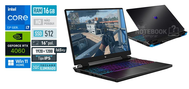 Acer Predator Helios Neo PHN16-71-72W6 Core i7-13650HX 13a geracao GeForce RTX 4060 Windows 11 Home RAM 16 GB SSD 512 GB Tela LED 16 polegadas WUXGA IPS 165 Hz Teclado iluminado