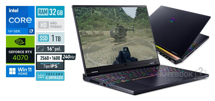 Acer Predator Helios PH16-72-72JA Core i7-14700HX 14a geracao GeForce RTX 4070 Windows 11 Home RAM 32 GB SSD 1 TB Tela LED 16 polegadas 2560 x 1600 px IPS 240 Hz Teclado iluminado