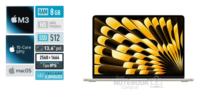 Apple MacBook Air MRXU3BZ-A M3 8-Core M3 10-Core GPU M3 macOS RAM 8 GB SSD 512 GB Tela LED 13-6 polegadas 2560 x 1664 px IPS Teclado iluminado