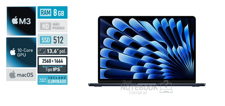 Apple MacBook Air MRXW3BZ-A M3 8-Core M3 10-Core GPU M3 macOS RAM 8 GB SSD 512 GB Tela LED 13-6 polegadas 2560 x 1664 px IPS Teclado iluminado
