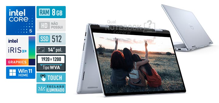 Dell Inspiron 2in1-i120U-M15 Core 5-120U Serie 1 Iris Xe Graphics G7 80 EUs Windows 11 Home RAM 8 GB SSD 512 GB Tela LED 14 polegadas touch WUXGA WVA Teclado iluminado Garantia 1 ano