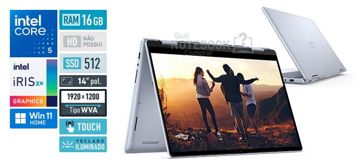 Dell Inspiron 2in1-i120U-M35 Core 5-120U Serie 1 Iris Xe Graphics G7 80 EUs Windows 11 Home RAM 16 GB SSD 512 GB Tela LED 14 polegadas touch WUXGA WVA Teclado iluminado