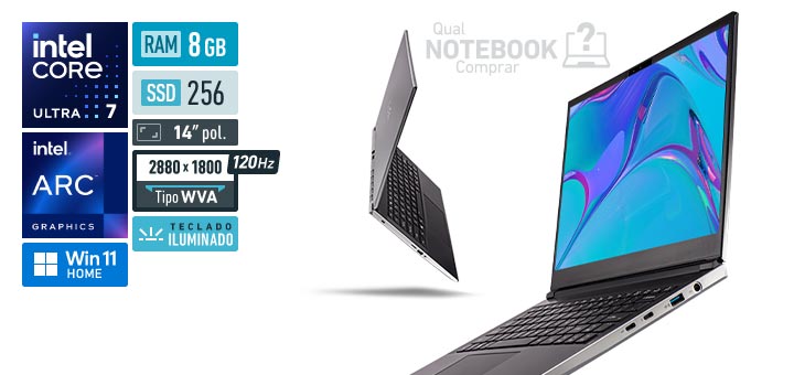Avell BOn Smart MN000082 Core Ultra 7-155H Serie 1 Arc Graphics 8-Cores iGPU Windows 11 Home RAM 8 GB SSD 256 GB Tela 14 polegadas 2880 x 1800 px WVA 120 Hz Teclado iluminado