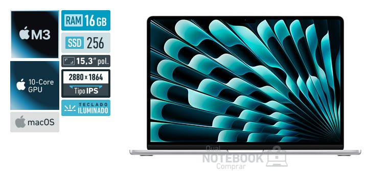 Apple MacBook Air MC9E4BZ-A M3 8-Core M3 10-Core GPU M3 macOS RAM 16 GB SSD 256 GB Tela LED 15-3 polegadas 2880 x 1864 px IPS Teclado iluminado