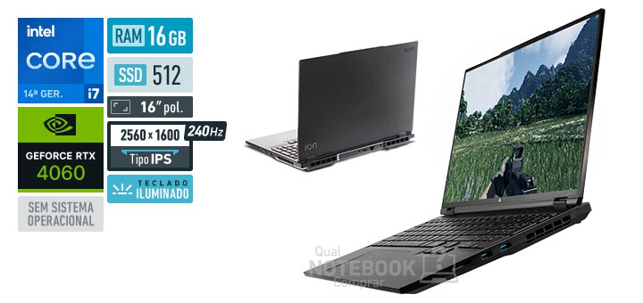 Avell Ion A60i MN000099 Core i7-14650HX 14a geracao GeForce RTX 4060 Sem sistema operacional RAM 16 GB SSD 512 GB Tela LED 16 polegadas 2560 x 1600 px IPS 240 Hz Teclado iluminado