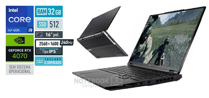 Avell Ion A74i MN000098 Core i9-14900HX 14a geracao GeForce RTX 4070 Sem sistema operacional RAM 32 GB SSD 512 GB Tela LED 16 polegadas 2560 x 1600 px IPS 240 Hz Teclado iluminado