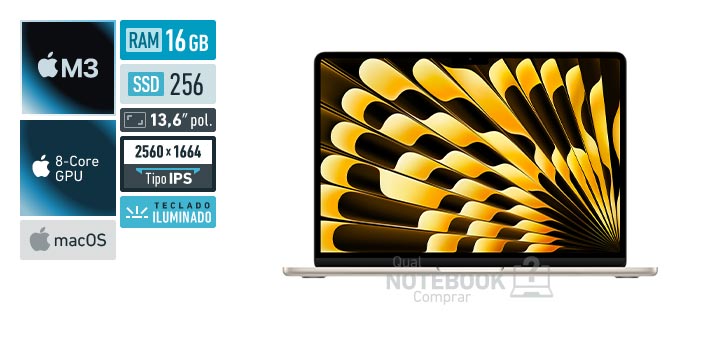 Apple MacBook Air MC8J4BZ-A M3 8-Core M3 8-Core GPU M3 macOS RAM 16 GB SSD 256 GB Tela LED 13-6 polegadas 2560 x 1664 px IPS Teclado iluminado