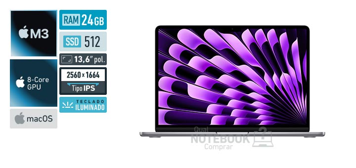 Apple MacBook Air MC8M4BZ-A M3 8-Core M3 8-Core GPU M3 macOS RAM 24 GB SSD 512 GB Tela LED 13-6 polegadas 2560 x 1664 px IPS Teclado iluminado
