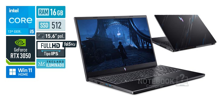 Acer Aspire Nitro V15 ANV15-51-5988 Core i5-13420H 13a geracao GeForce RTX 3050 Windows 11 Home RAM 16 GB SSD 512 GB Tela LED 15-6 polegadas Full HD IPS 165 Hz Teclado iluminado