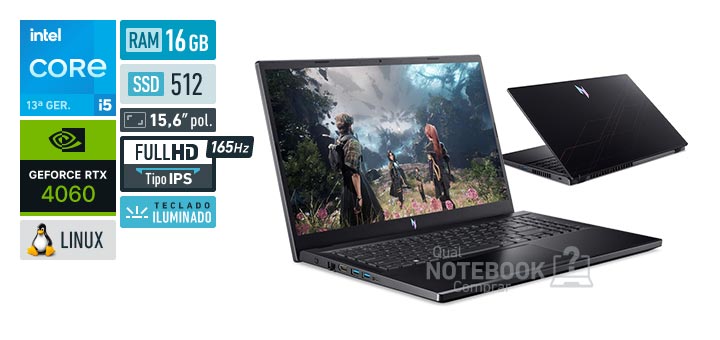Acer Aspire Nitro V15 ANV15-52-52PZ Core i5-13420H 13a geracao GeForce RTX 4060 Linux RAM 16 GB SSD 512 GB Tela LED 15-6 polegadas Full HD IPS 165 Hz Teclado iluminado Garantia 1 ano