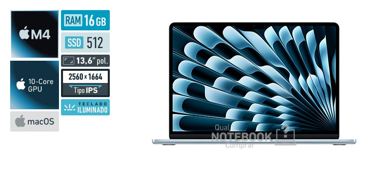 Apple MacBook Air MC6U4BZ-A M4 10-Core M4 10-Core GPU M4 macOS RAM 16 GB SSD 512 GB Tela LED 13-6 polegadas 2560 x 1664 px IPS Teclado iluminado