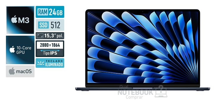 Apple MacBook Air MC9L4BZ-A M3 8-Core M3 10-Core GPU M3 macOS RAM 24 GB SSD 512 GB Tela LED 15-3 polegadas 2880 x 1864 px IPS Teclado iluminado