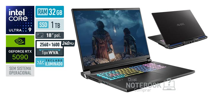 Avell Storm 590X MN000108 Core Ultra 9-275HX Serie 2 GeForce RTX 5090 Sem sistema operacional RAM 32 GB SSD 1 TB Tela LED 18 polegadas 2560 x 1600 px WVA 240 Hz Teclado iluminado
