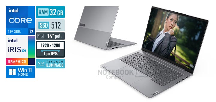 Lenovo ThinkBook 14 21NQ000SBR Core i7-13700H 13a geracao Iris Xe Graphics G7 96 EUs Windows 11 Home RAM 32 GB SSD 512 GB Tela LED 14 polegadas WUXGA IPS Teclado iluminado Garantia 1 ano
