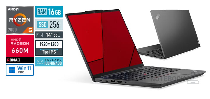 Lenovo ThinkPad E14 21M40002BO Ryzen 5 7535U Serie 7000 Radeon 660M Windows 11 Pro RAM 16 GB SSD 256 GB Tela LED 14 polegadas WUXGA IPS Teclado iluminado Garantia 1 ano