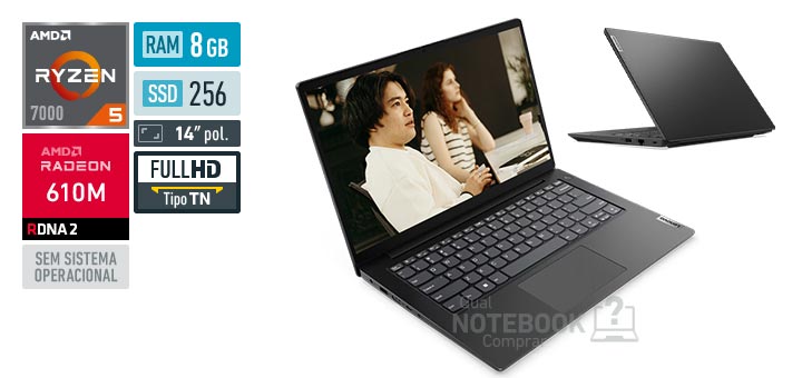 Lenovo V14 83GE000DBR Ryzen 5 7520U Serie 7000 Radeon 610M Sem sistema operacional RAM 8 GB SSD 256 GB Tela LED 14 polegadas Full HD TN Garantia 1 ano