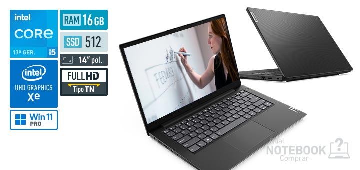 Lenovo V14 83GK000XBR Core i5-13420H 13a geracao UHD Graphics Xe G4 48 EUs Windows 11 Pro RAM 16 GB SSD 512 GB Tela LED 14 polegadas Full HD TN Garantia 1 ano