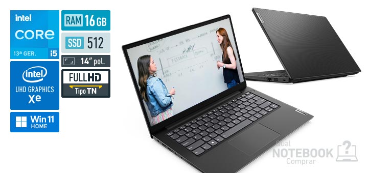 Lenovo V14 83GK000YBR Core i5-13420H 13a geracao UHD Graphics Xe G4 48 EUs Windows 11 Home RAM 16 GB SSD 512 GB Tela LED 14 polegadas Full HD TN Garantia 1 ano