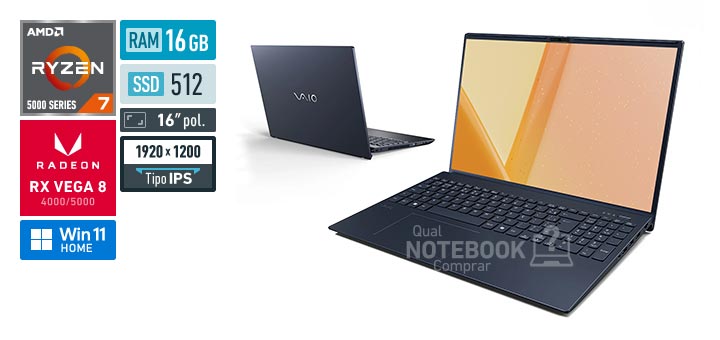 VAIO FE16 VJFE69F11X-B0821H Ryzen 7 5700U Serie 5000 Radeon RX Vega 8 4000-5000 Windows 11 Home RAM 16 GB SSD 512 GB Tela LED 16 polegadas WUXGA IPS Garantia 1 ano