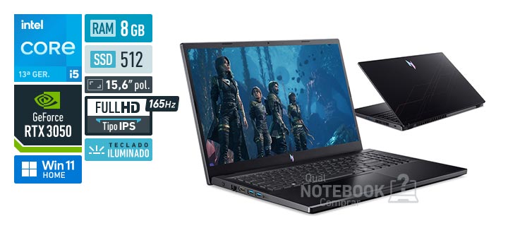 Acer Aspire Nitro V15 ANV15-52-54JQ Core i5-13420H 13a geracao GeForce RTX 3050 Windows 11 Home RAM 8 GB SSD 512 GB Tela LED 15-6 polegadas Full HD IPS 165 Hz Teclado iluminado