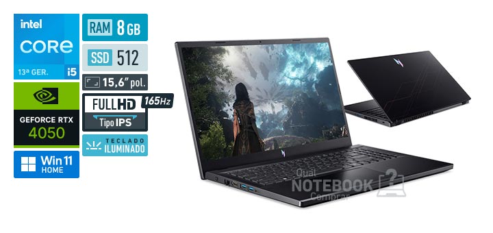 Acer Aspire Nitro V15 ANV15-52-56PD Core i5-13420H 13a geracao GeForce RTX 4050 Windows 11 Home RAM 8 GB SSD 512 GB Tela LED 15-6 polegadas Full HD IPS 165 Hz Teclado iluminado