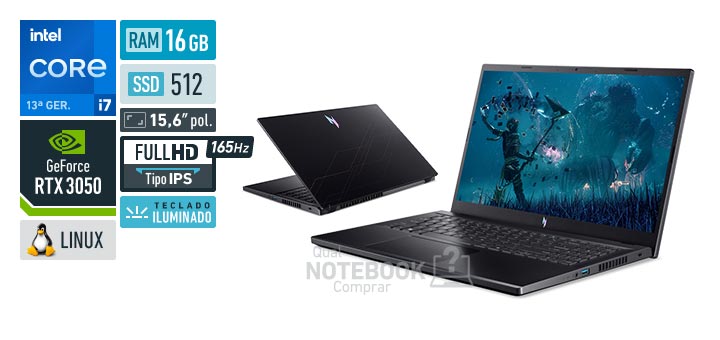 Acer Aspire Nitro V15 ANV15-52-75XA Core i7-13620H 13a geracao GeForce RTX 3050 Linux RAM 16 GB SSD 512 GB Tela LED 15-6 polegadas Full HD IPS 165 Hz Teclado iluminado Garantia 1 ano