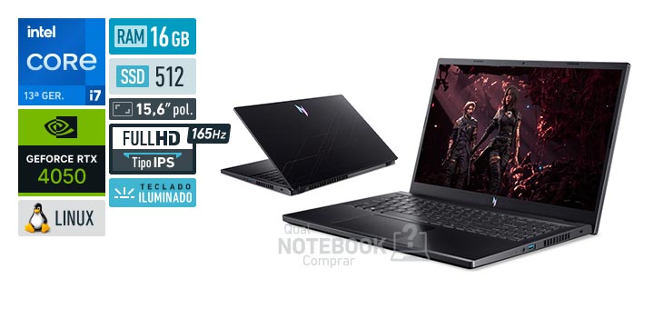 Acer Aspire Nitro V15 ANV15-52-77ZE Core i7-13620H 13a geracao GeForce RTX 4050 Linux RAM 16 GB SSD 512 GB Tela LED 15-6 polegadas Full HD IPS 165 Hz Teclado iluminado Garantia 1 ano