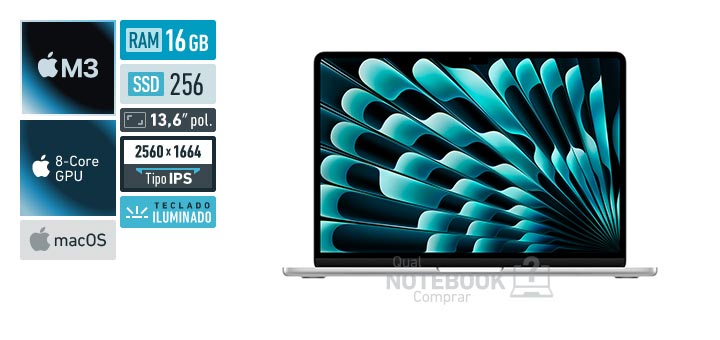 Apple MacBook Air MC8H4BZ-A M3 8-Core M3 8-Core GPU M3 macOS RAM 16 GB SSD 256 GB Tela LED 13-6 polegadas 2560 x 1664 px IPS Teclado iluminado