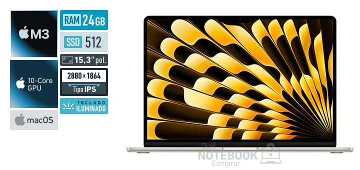 Apple MacBook Air MC9K4BZ-A M3 8-Core M3 10-Core GPU M3 macOS RAM 24 GB SSD 512 GB Tela LED 15-3 polegadas 2880 x 1864 px IPS Teclado iluminado