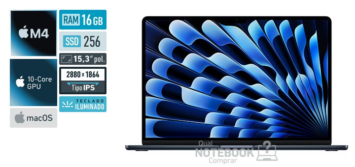 Apple MacBook Air MW1L3BZ-A M4 10-Core M4 10-Core GPU M4 macOS RAM 16 GB SSD 256 GB Tela LED 15-3 polegadas 2880 x 1864 px IPS Teclado iluminado
