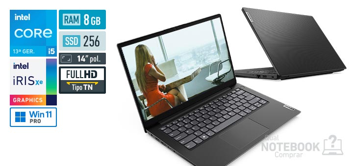 Lenovo V14 83GK0003BR Core i5-1335U 13a geracao Iris Xe Graphics G7 80 EUs Windows 11 Pro RAM 8 GB SSD 256 GB Tela LED 14 polegadas Full HD TN Garantia 1 ano
