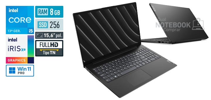 Lenovo V15 83GL0000BR Core i5-1335U 13a geracao Iris Xe Graphics G7 80 EUs Windows 11 Pro RAM 8 GB SSD 256 GB Tela LED 15-6 polegadas Full HD TN Garantia 1 ano