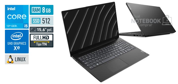 Lenovo V15 83GLS00700 Core i5-13420H 13a geracao UHD Graphics Xe G4 48 EUs Linux RAM 8 GB SSD 512 GB Tela LED 15-6 polegadas Full HD TN Garantia 1 ano