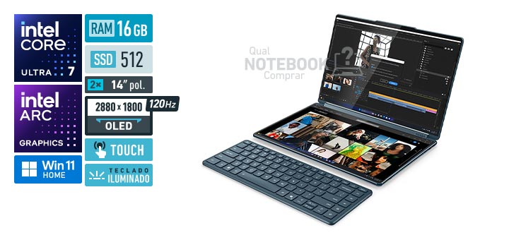 Lenovo Yoga Book 9i 83KJ001TBR Core Ultra 7-255H Serie 2 Arc Graphics 140T Windows 11 Home RAM 16 GB SSD 512 GB Tela OLED 14 polegadas touch 2880 x 1800 px 120 Hz Teclado iluminado