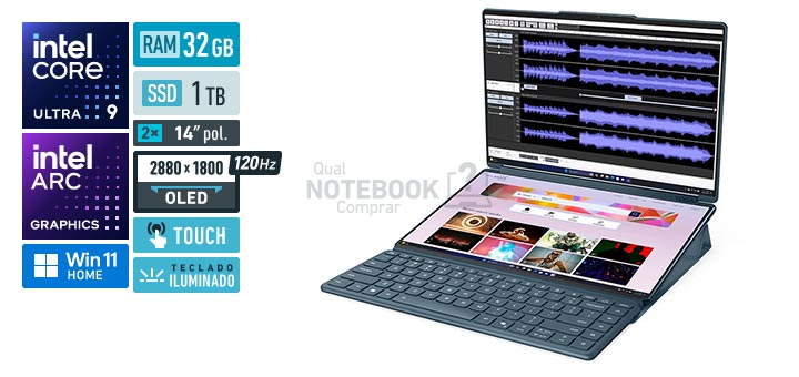 Lenovo Yoga Book 9i 83KJ001VBR Core Ultra 9-285H Serie 2 Arc Graphics 140T Windows 11 Home RAM 32 GB SSD 1 TB Tela OLED 14 polegadas touch 2880 x 1800 px 120 Hz Teclado iluminado