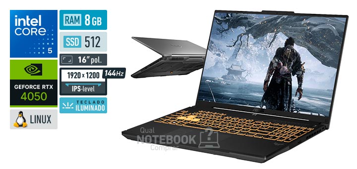 ASUS TUF Gaming F16 FX607VU-RL054 Core 5-210H Serie 2 GeForce RTX 4050 Linux RAM 8 GB SSD 512 GB Tela LED 16 polegadas WUXGA IPS-level 144 Hz Teclado iluminado