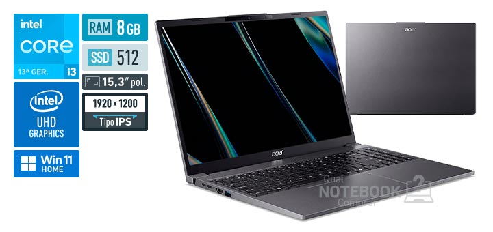 Acer Aspire Go 15 AG15-51P-37UB Core i3-1305U 13a geracao UHD Graphics 64 EUs Windows 11 Home RAM 8 GB SSD 512 GB Tela LED 15-3 polegadas WUXGA IPS Garantia 1 ano