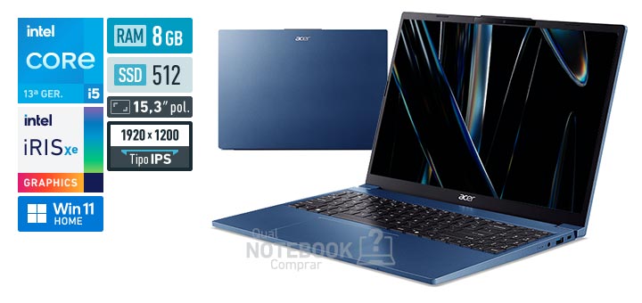 Acer Aspire Go 15 AG15-51P-54EE Core i5-1334U 13a geracao Iris Xe Graphics G7 80 EUs Windows 11 Home RAM 8 GB SSD 512 GB Tela LED 15-3 polegadas WUXGA IPS Garantia 1 ano