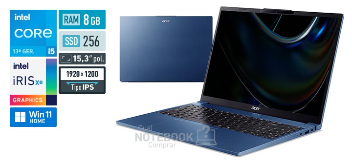 Acer Aspire Go 15 AG15-51P-55LL Core i5-1334U 13a geracao Iris Xe Graphics G7 80 EUs Windows 11 Home RAM 8 GB SSD 256 GB Tela LED 15-3 polegadas WUXGA IPS Garantia 1 ano