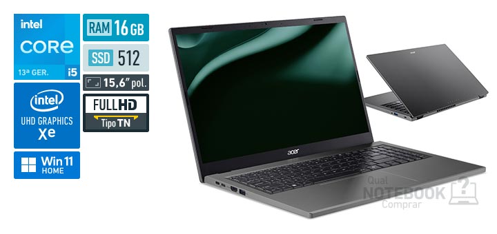 Acer Aspire Go 15 AG15-71P-52TD Core i5-13420H 13a geracao UHD Graphics Xe G4 48 EUs Windows 11 Home RAM 16 GB SSD 512 GB Tela LED 15-6 polegadas Full HD TN Garantia 1 ano