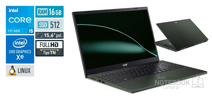 Acer Aspire Go 15 AG15-71P-53D9 Core i5-13420H 13a geracao UHD Graphics Xe G4 48 EUs Linux RAM 16 GB SSD 512 GB Tela LED 15-6 polegadas Full HD TN Garantia 1 ano