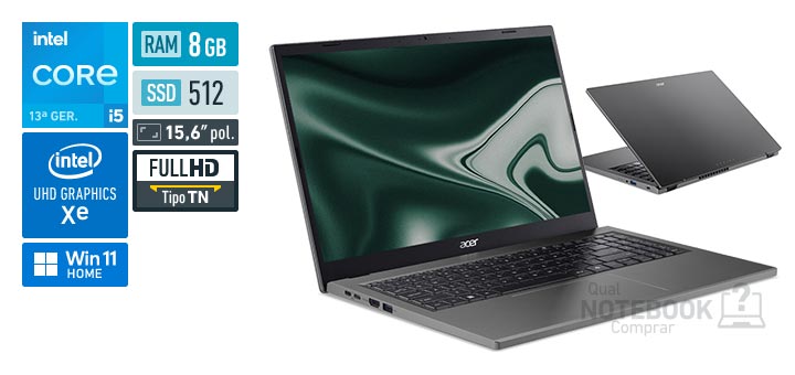 Acer Aspire Go 15 AG15-71P-53GM Core i5-13420H 13a geracao UHD Graphics Xe G4 48 EUs Windows 11 Home RAM 8 GB SSD 512 GB Tela LED 15-6 polegadas Full HD TN Garantia 1 ano