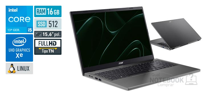 Acer Aspire Go 15 AG15-71P-5405 Core i5-13420H 13a geracao UHD Graphics Xe G4 48 EUs Linux RAM 16 GB SSD 512 GB Tela LED 15-6 polegadas Full HD TN Garantia 1 ano